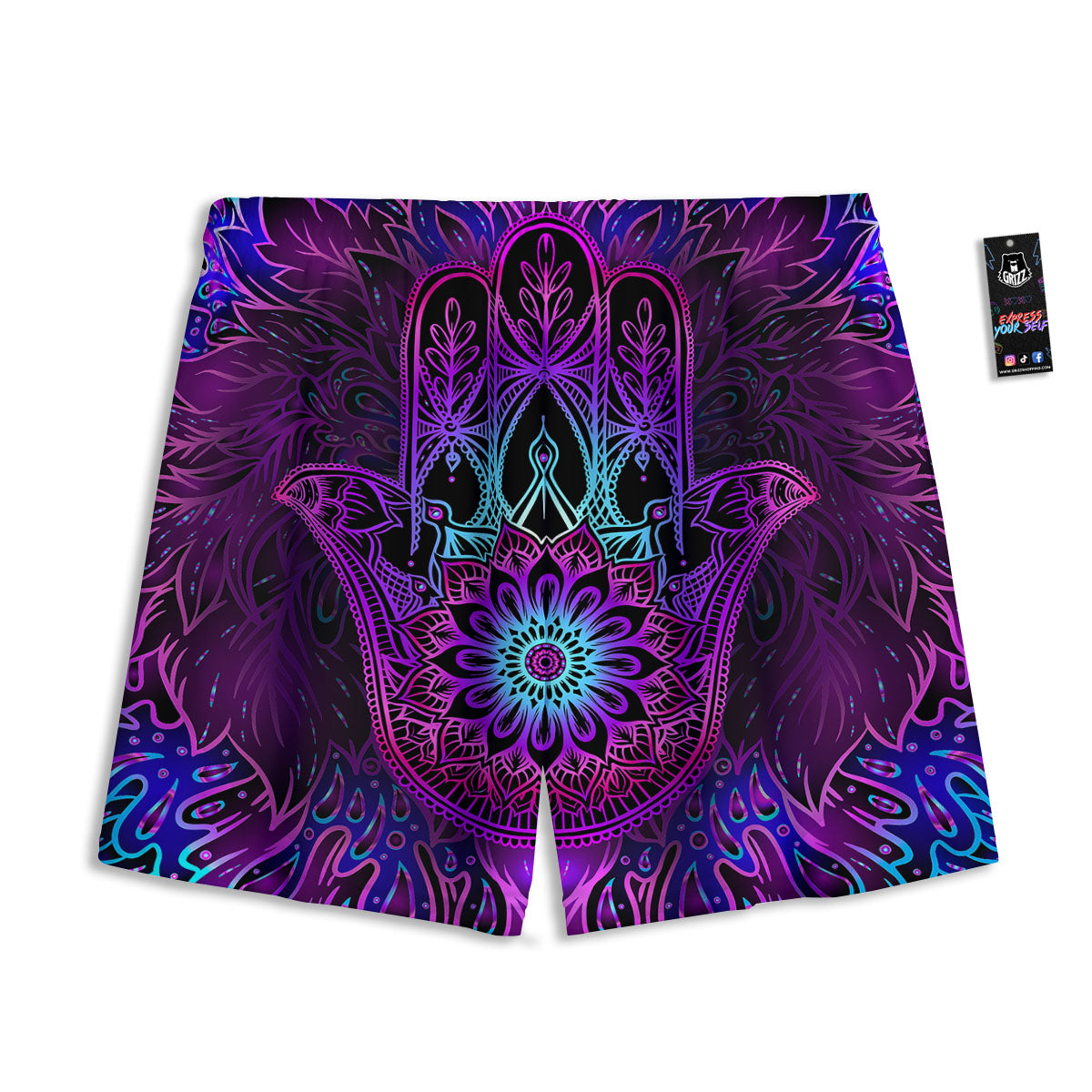 Hamsa Hand Purple Print Mesh Shorts
