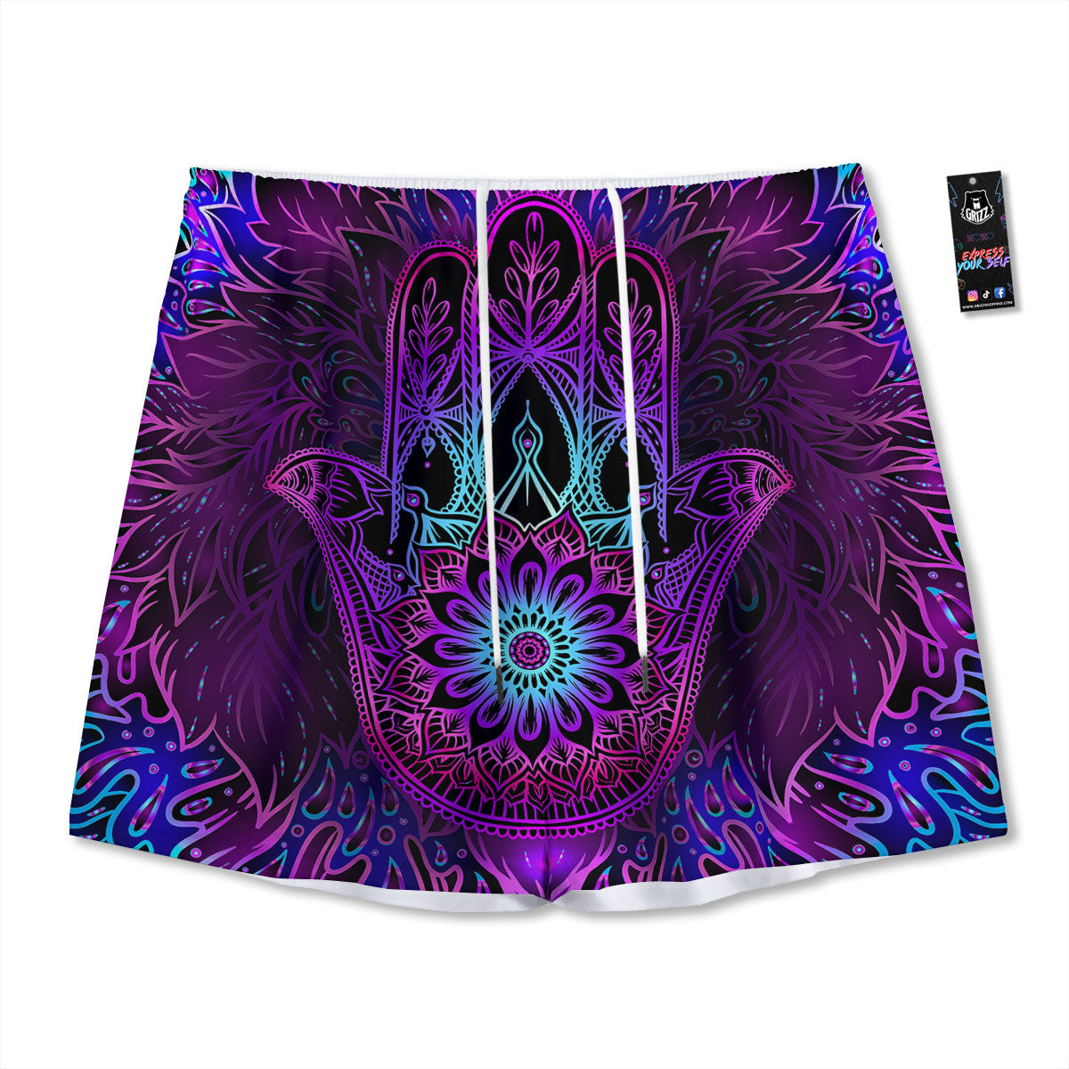 Hamsa Hand Purple Print Mesh Shorts