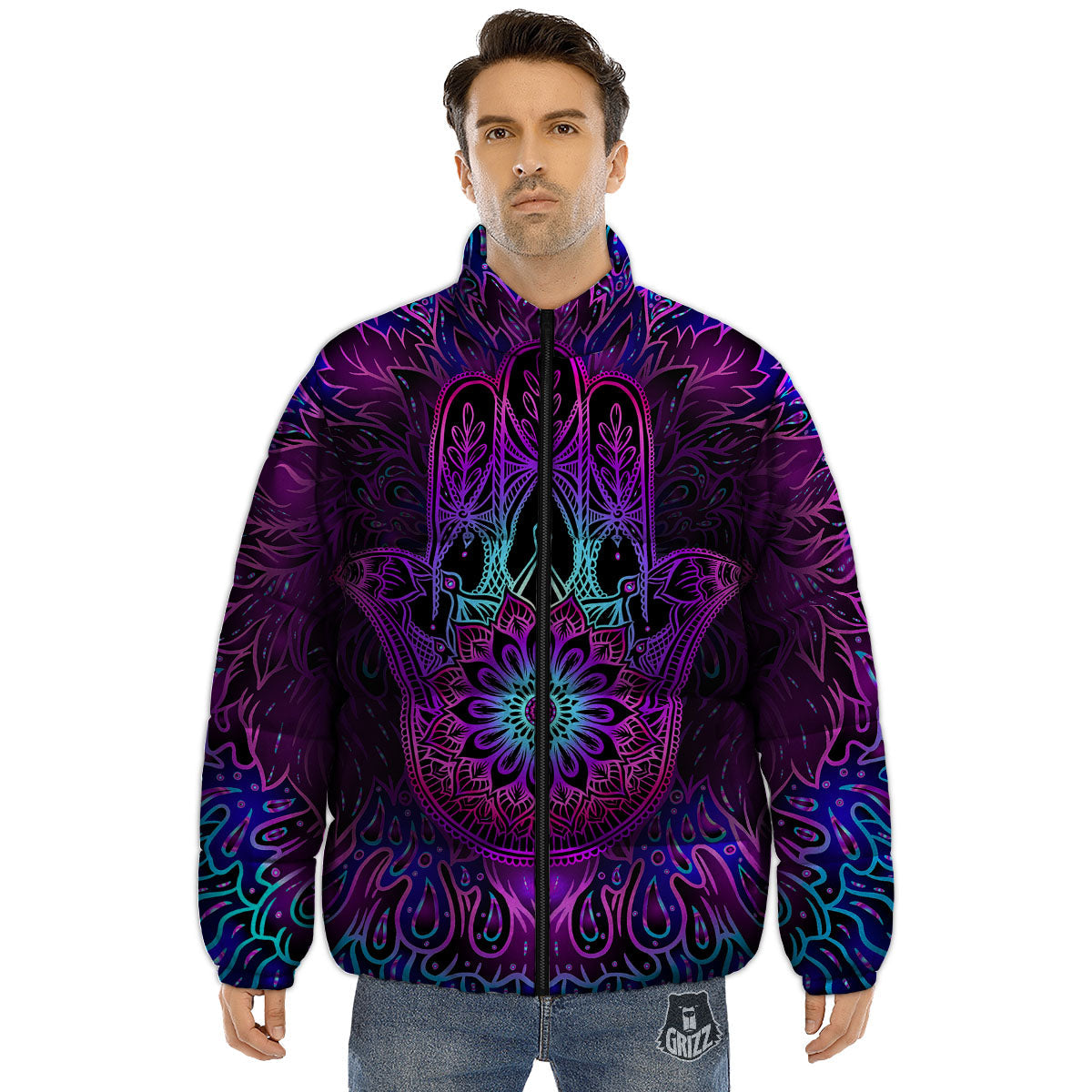 Hamsa Hand Purple Print Puffer Jacket-grizzshop