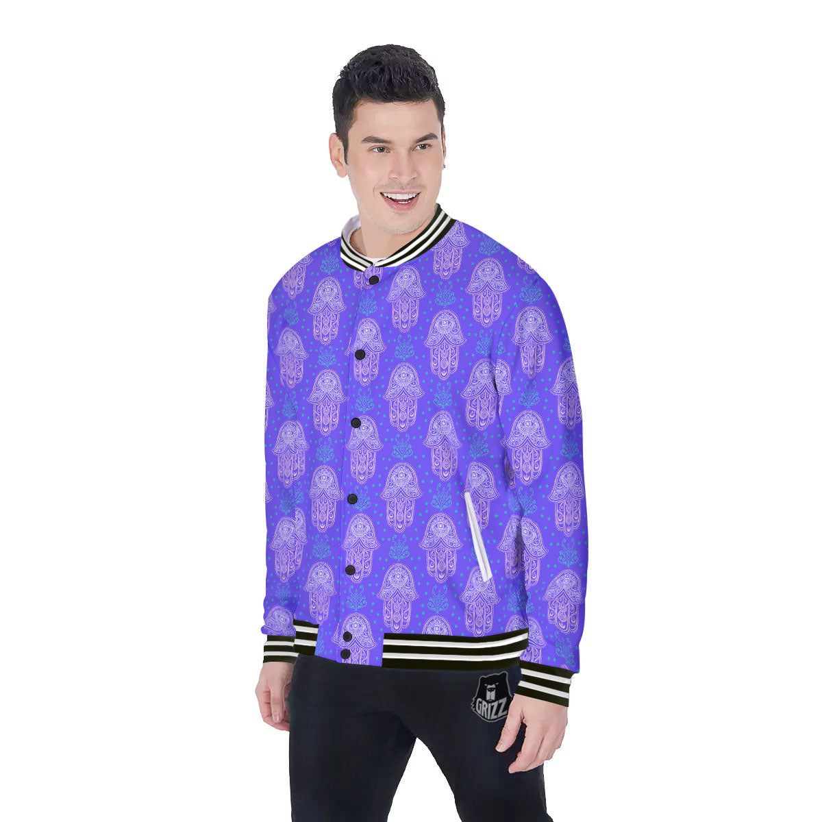 Hamsa Indian Print Pattern Baseball Jacket-grizzshop