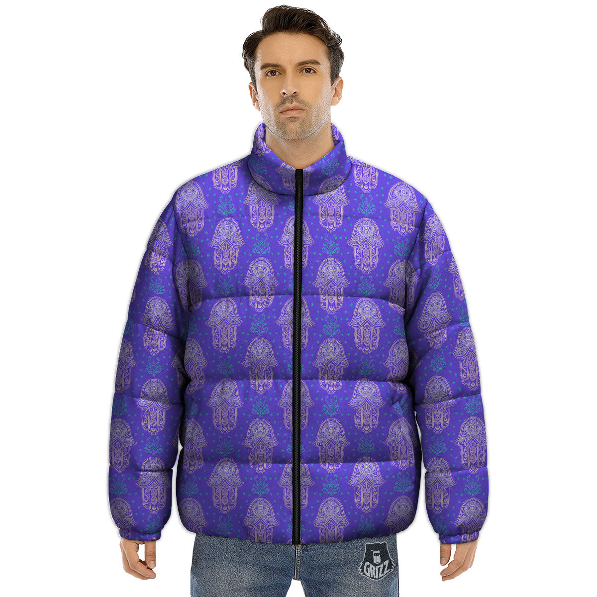 Hamsa Indian Print Pattern Puffer Jacket-grizzshop