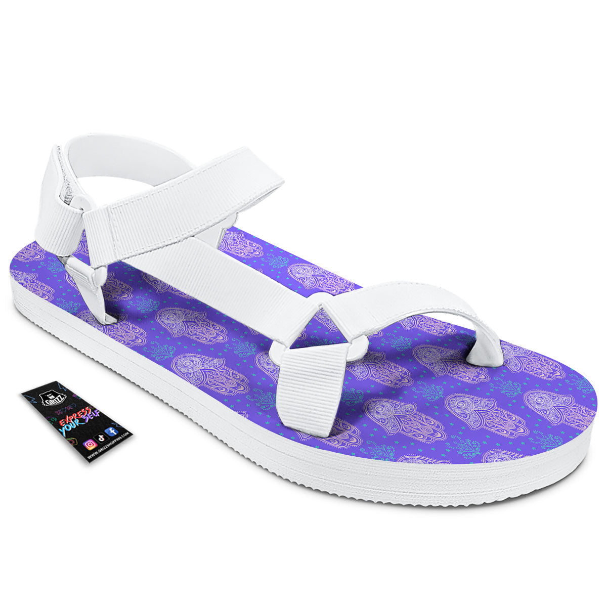 Hamsa Indian Print Pattern White Open Toe Sandals-grizzshop