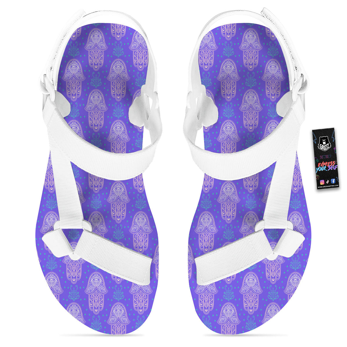Hamsa Indian Print Pattern White Open Toe Sandals-grizzshop