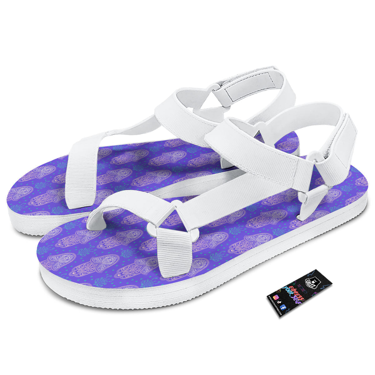 Hamsa Indian Print Pattern White Open Toe Sandals-grizzshop