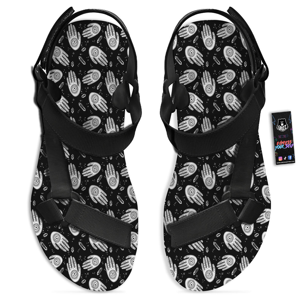 Hamsa Symbol Print Pattern Black Open Toe Sandals-grizzshop