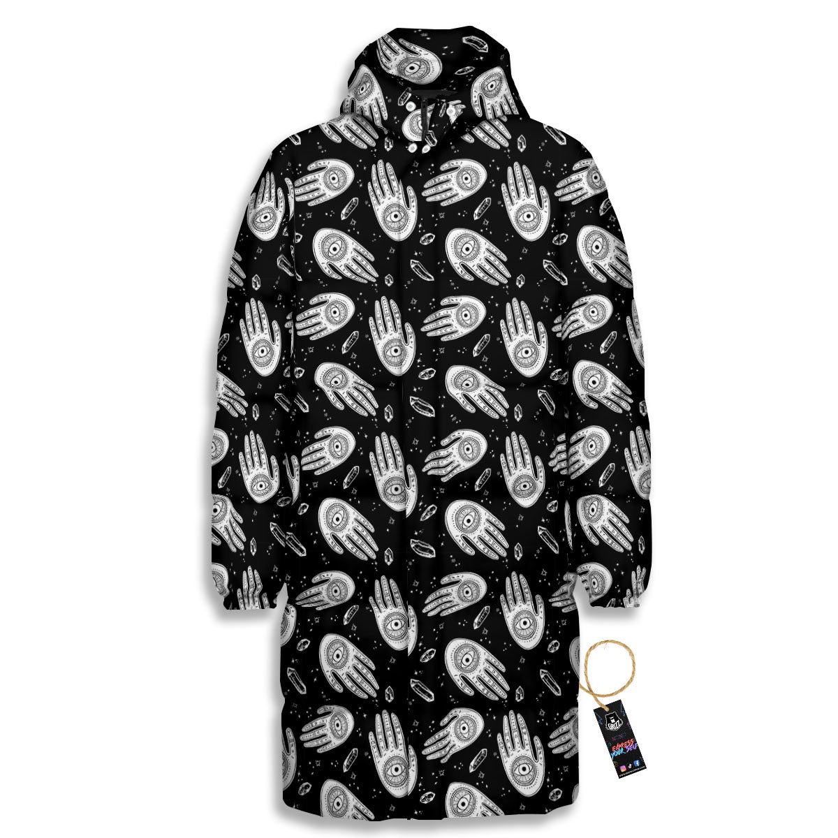 Hamsa Symbol Print Pattern Long Down Jacket-grizzshop