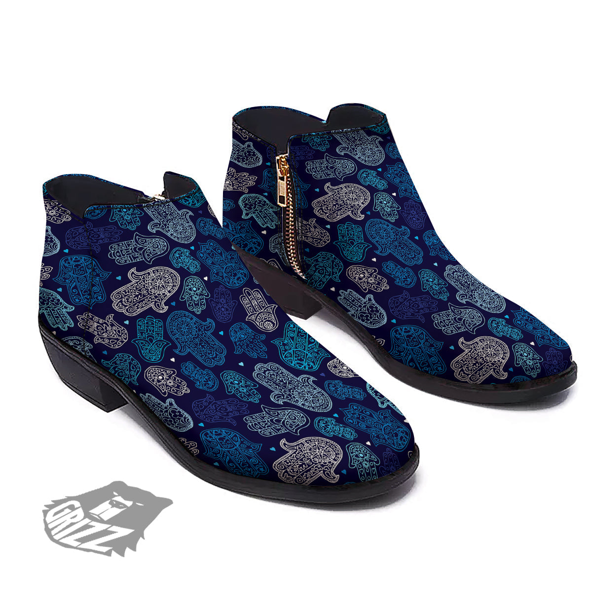 Hamsa Turquoise Print Pattern Ankle Boots-grizzshop