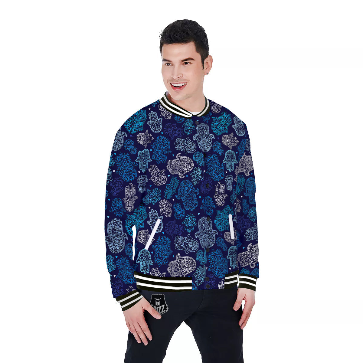 Hamsa Turquoise Print Pattern Baseball Jacket-grizzshop