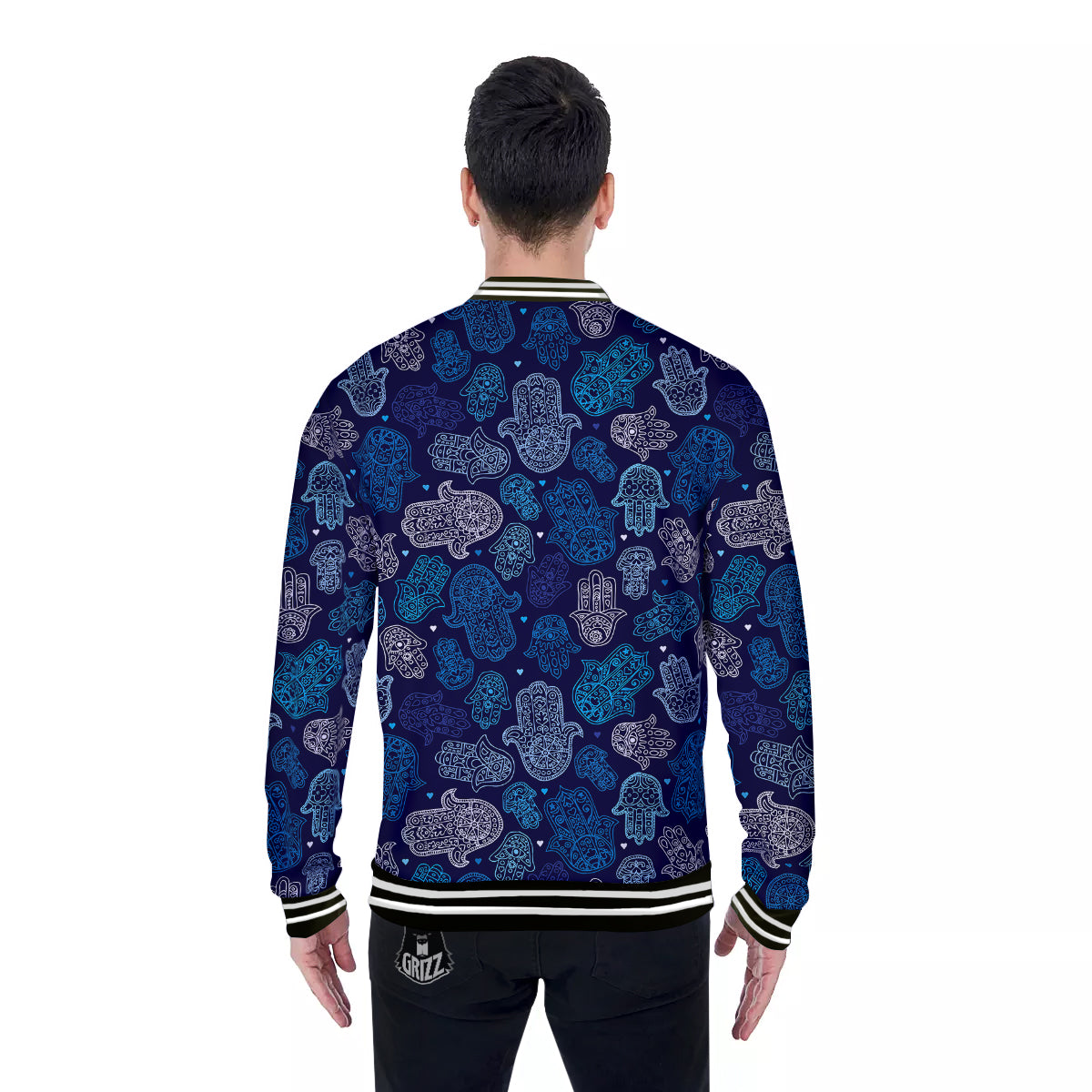 Hamsa Turquoise Print Pattern Baseball Jacket-grizzshop