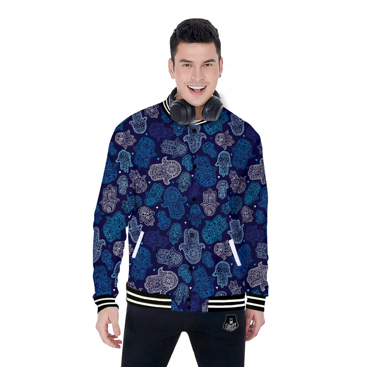 Hamsa Turquoise Print Pattern Baseball Jacket-grizzshop