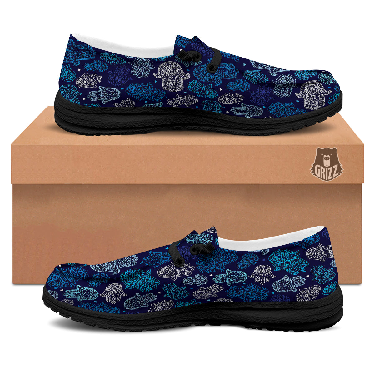 Hamsa Turquoise Print Pattern Black Loafers-grizzshop
