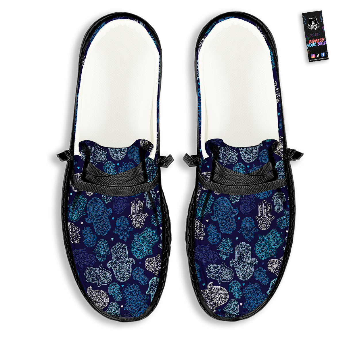 Hamsa Turquoise Print Pattern Black Loafers-grizzshop