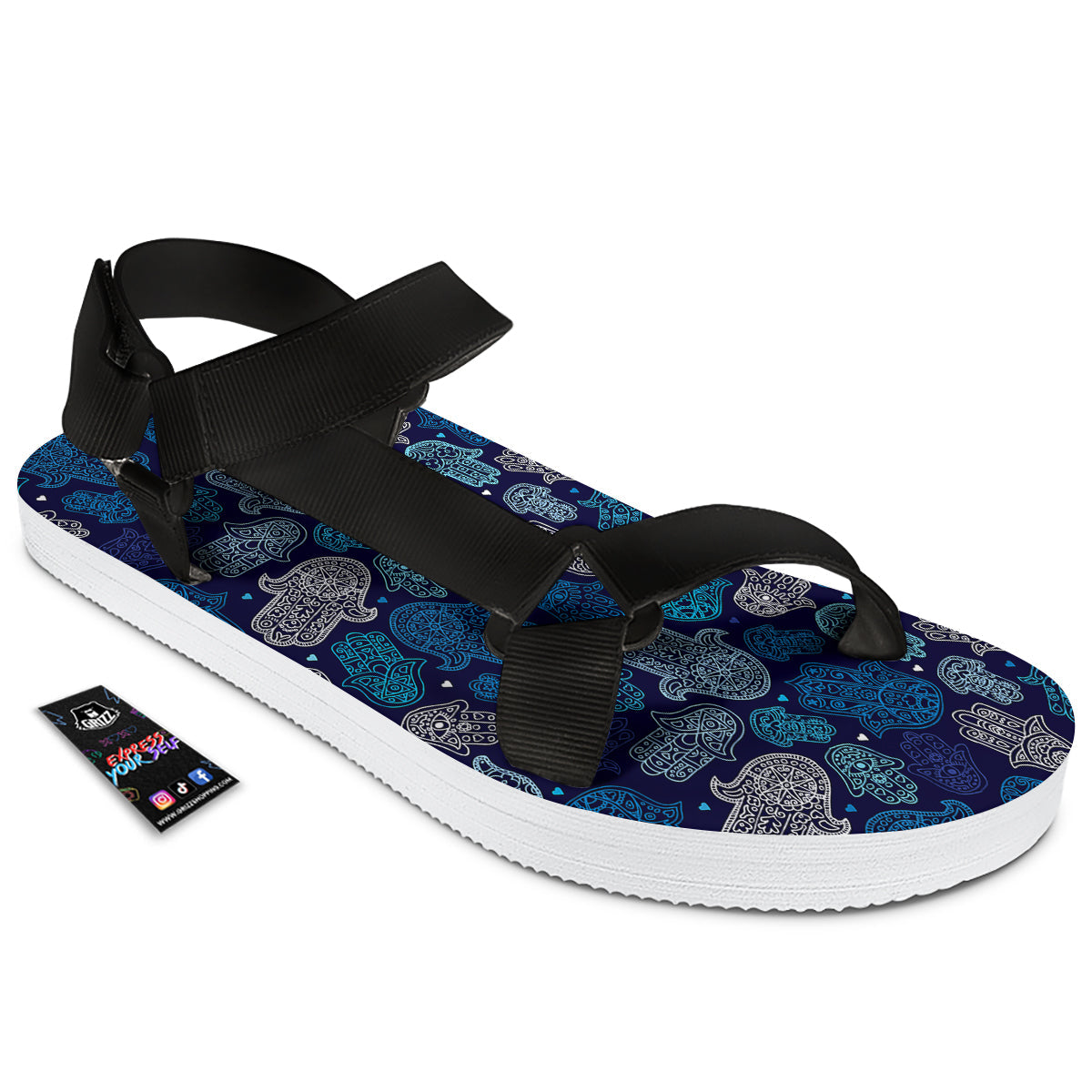 Hamsa Turquoise Print Pattern Black Open Toe Sandals-grizzshop
