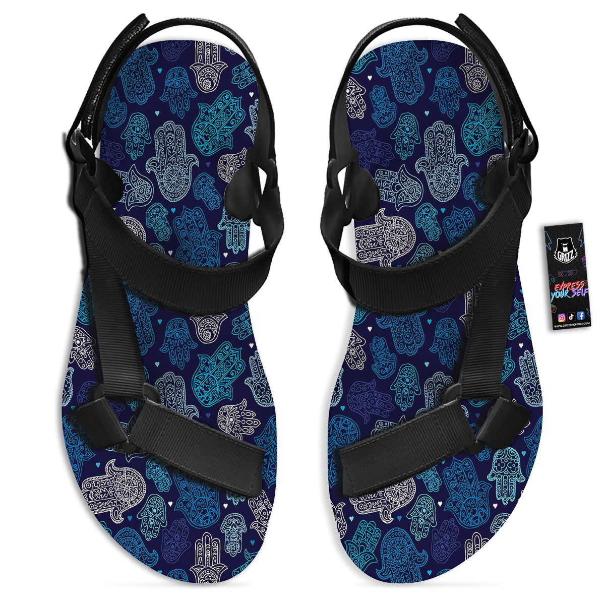 Hamsa Turquoise Print Pattern Black Open Toe Sandals-grizzshop