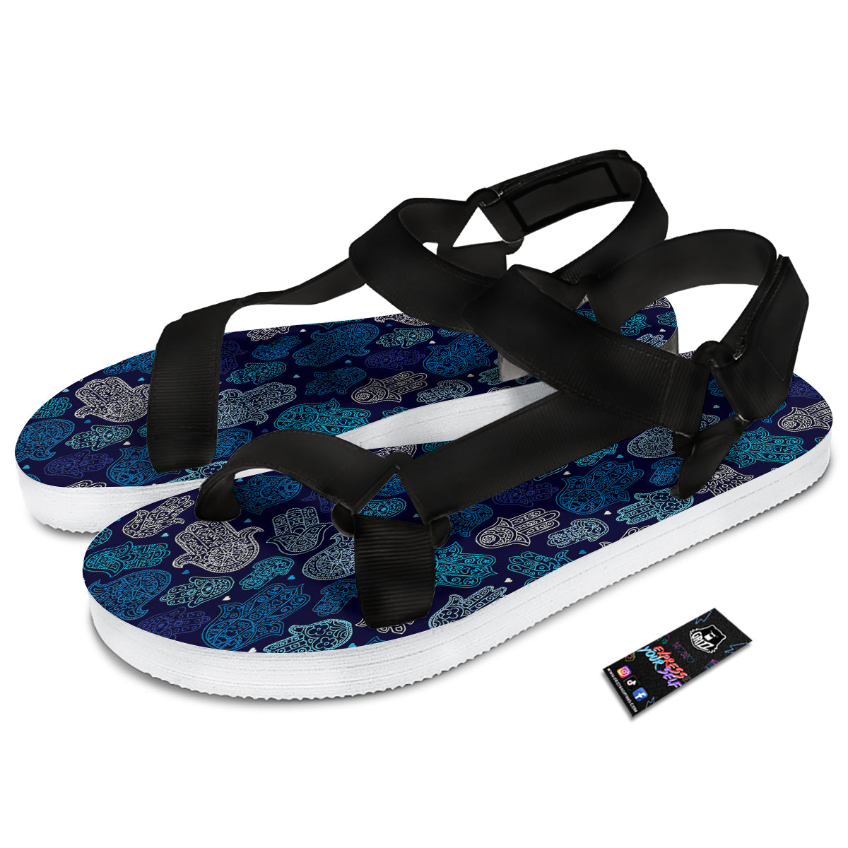 Hamsa Turquoise Print Pattern Black Open Toe Sandals-grizzshop