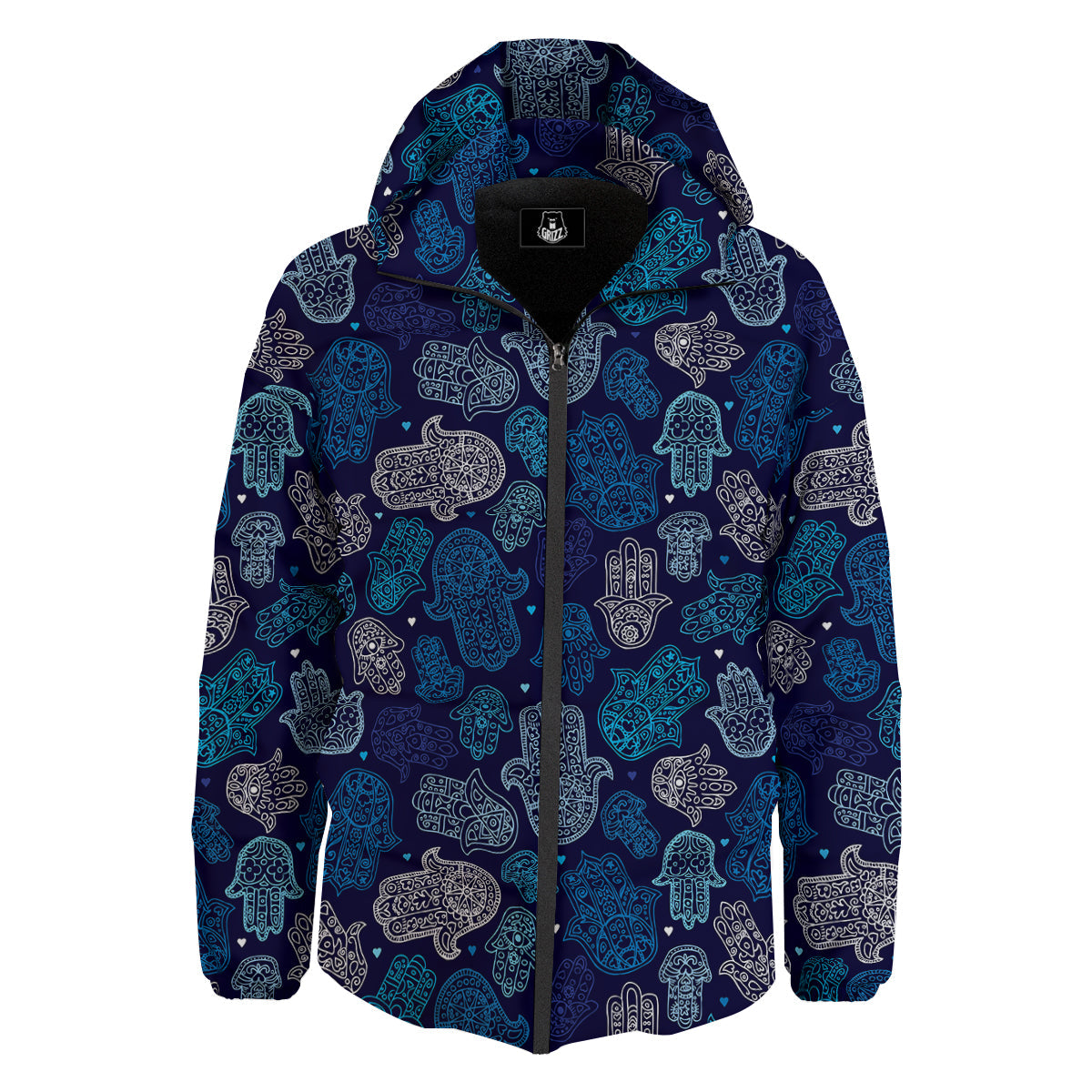Hamsa Turquoise Print Pattern Down Jacket-grizzshop