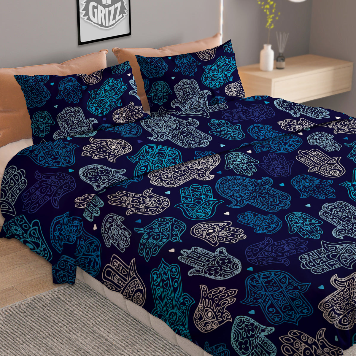 Hamsa Turquoise Print Pattern Duvet Cover Bedding Set