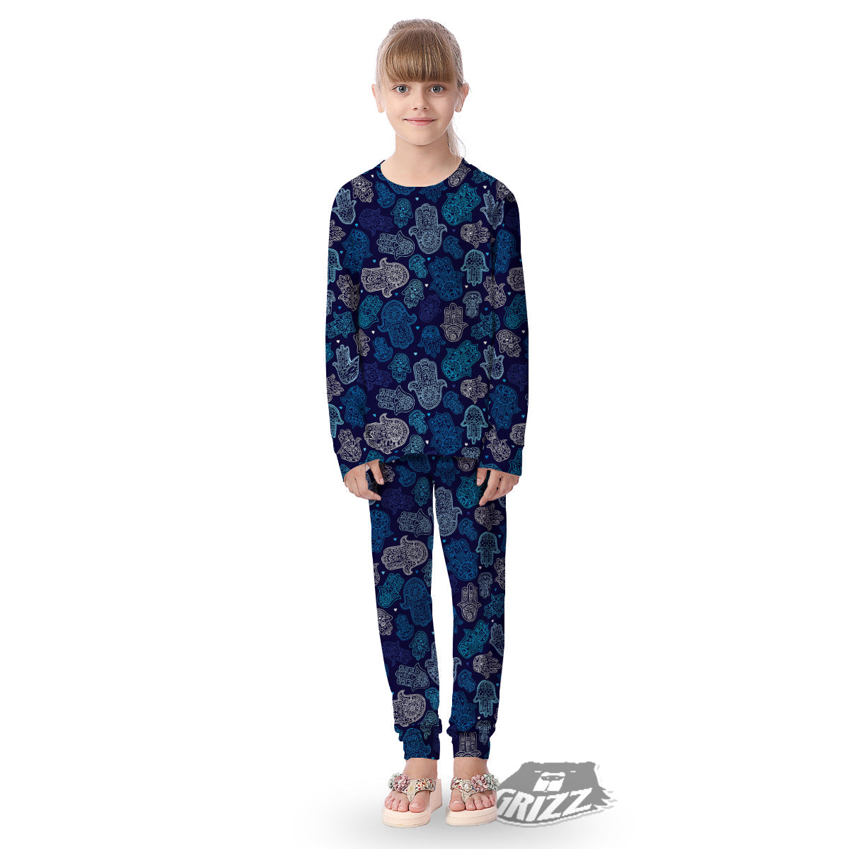 Hamsa Turquoise Print Pattern Kid's Pajamas-grizzshop