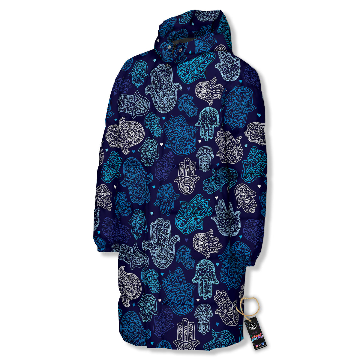 Hamsa Turquoise Print Pattern Long Down Jacket-grizzshop