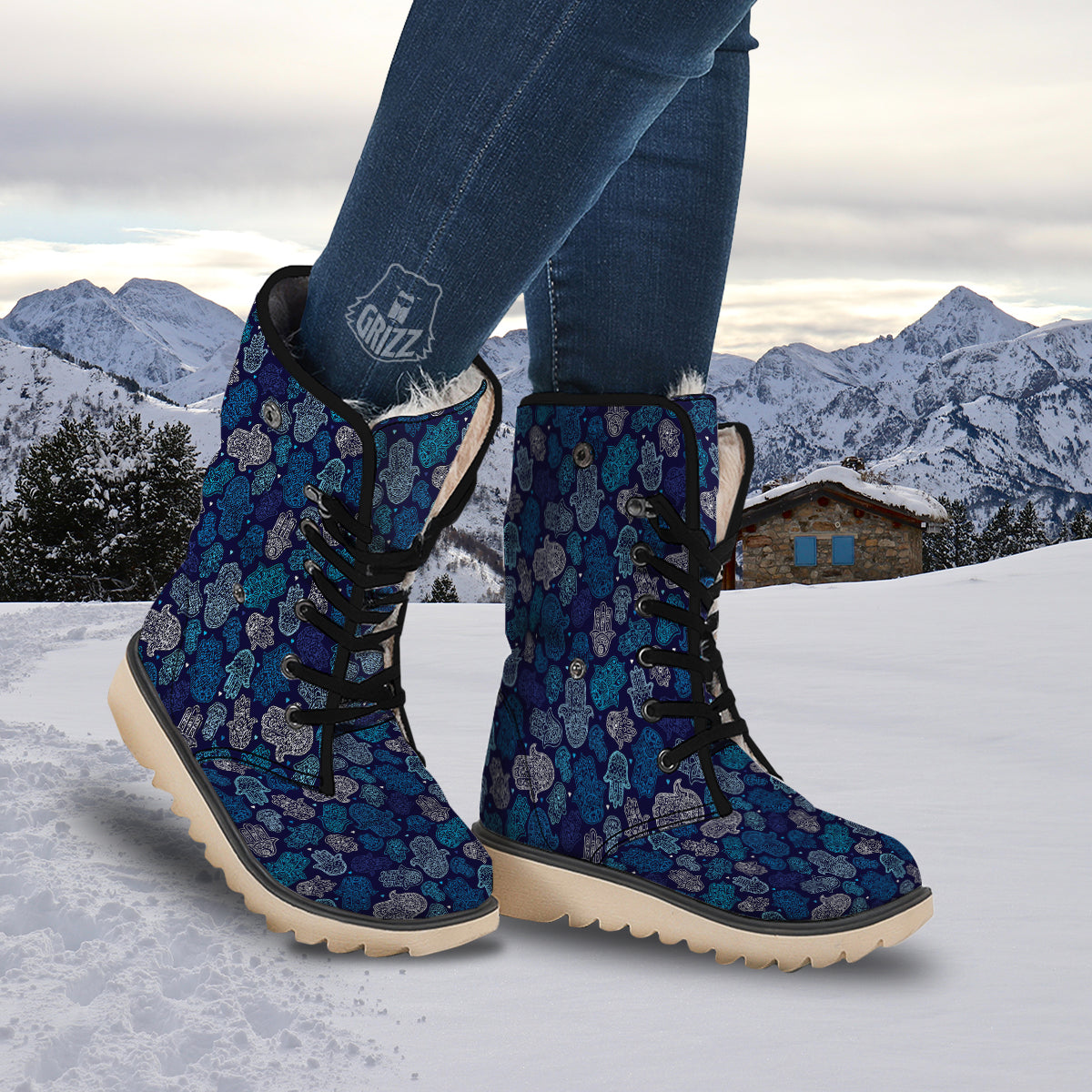 Hamsa Turquoise Print Pattern Snow Boots-grizzshop