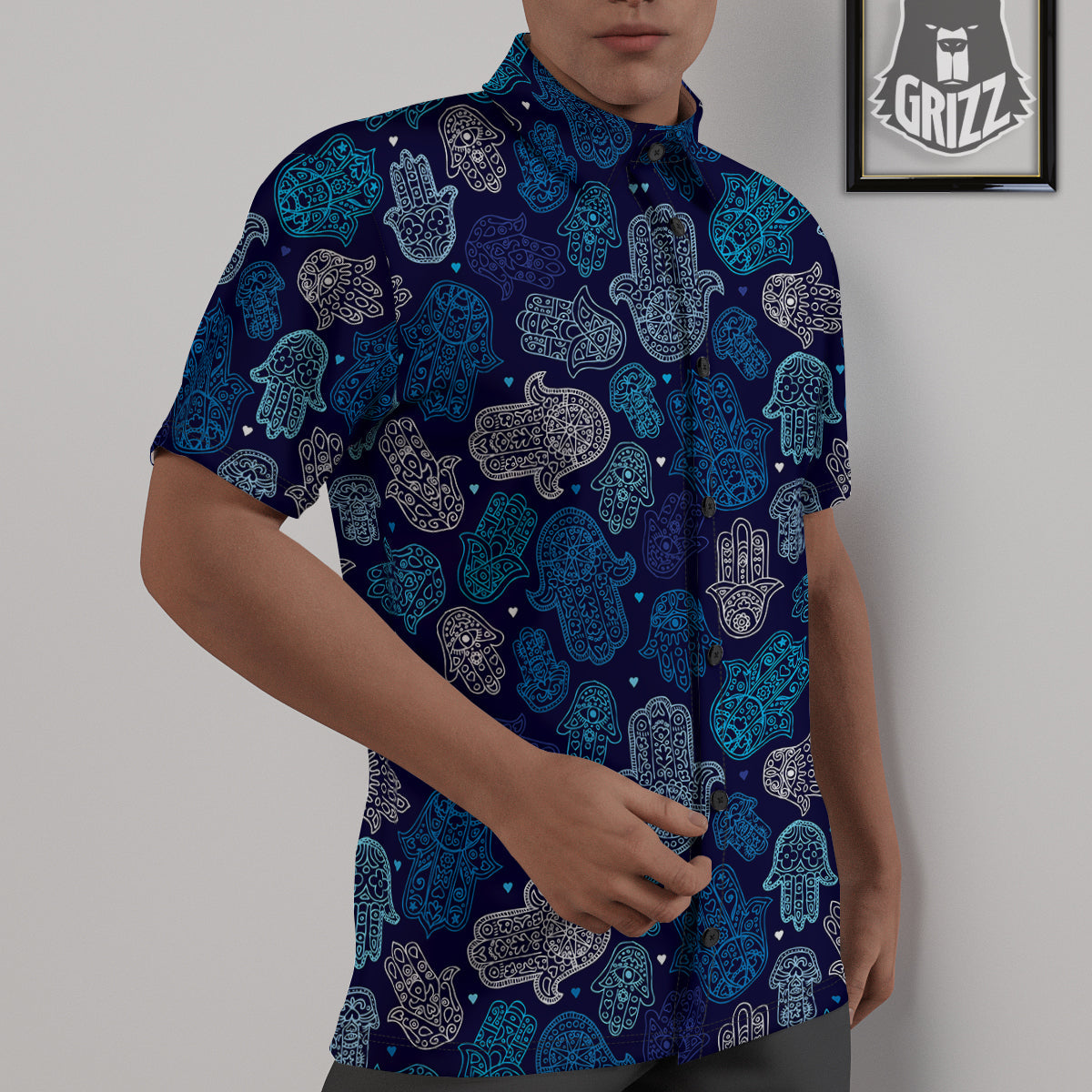 Hamsa Turquoise Print Pattern Untucked Shirts-grizzshop
