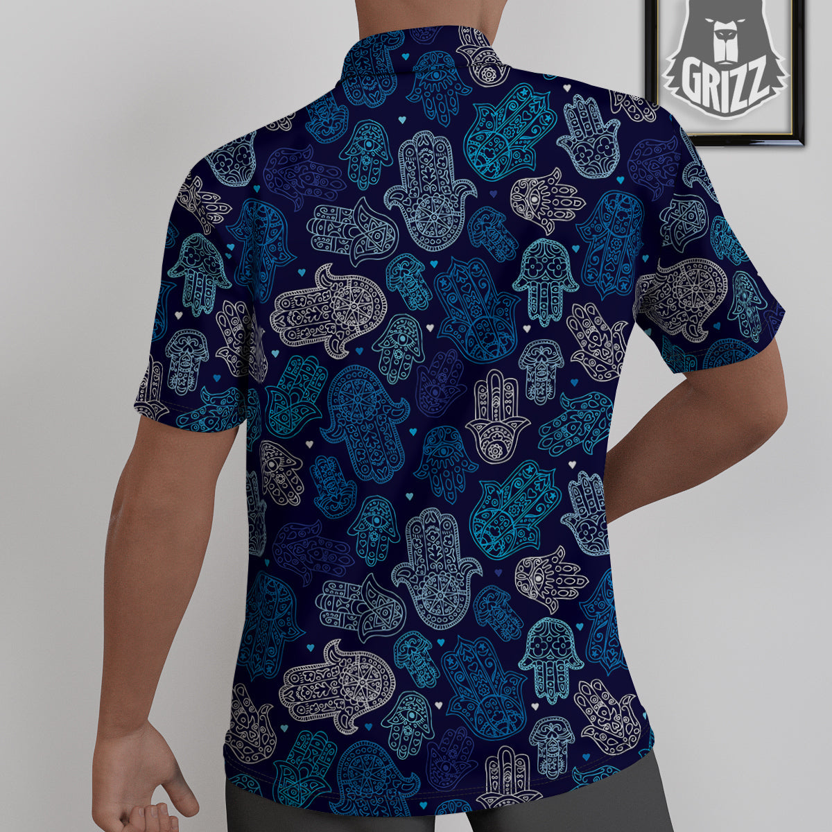 Hamsa Turquoise Print Pattern Untucked Shirts-grizzshop