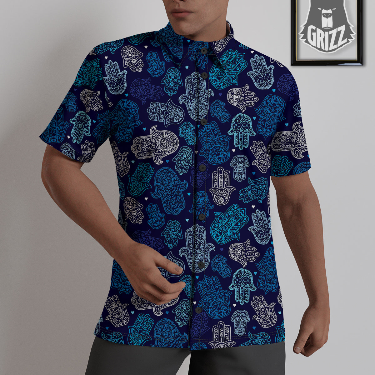Hamsa Turquoise Print Pattern Untucked Shirts-grizzshop
