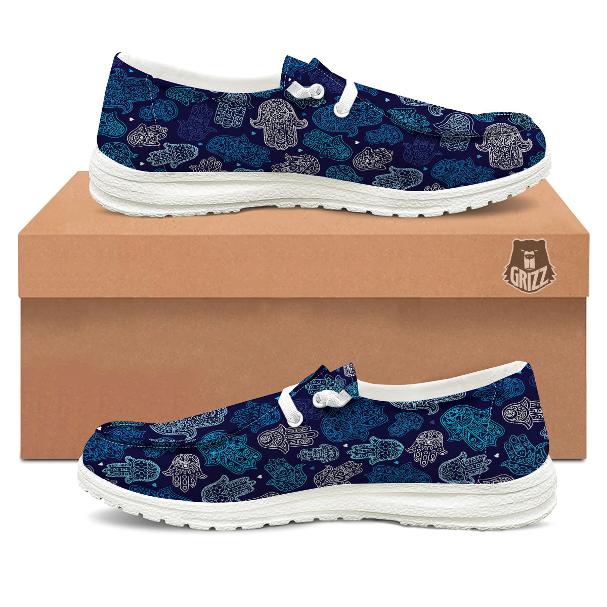 Hamsa Turquoise Print Pattern White Loafers-grizzshop
