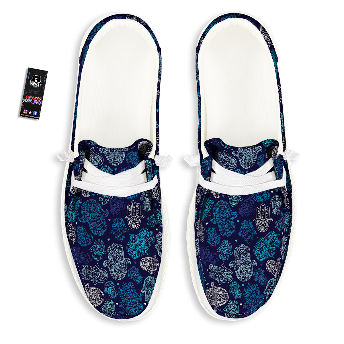 Hamsa Turquoise Print Pattern White Loafers-grizzshop