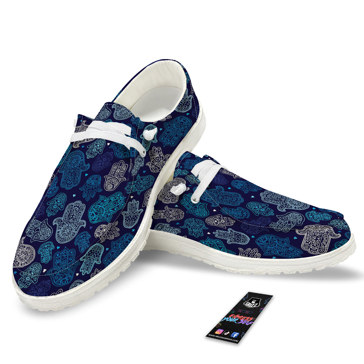 Hamsa Turquoise Print Pattern White Loafers-grizzshop