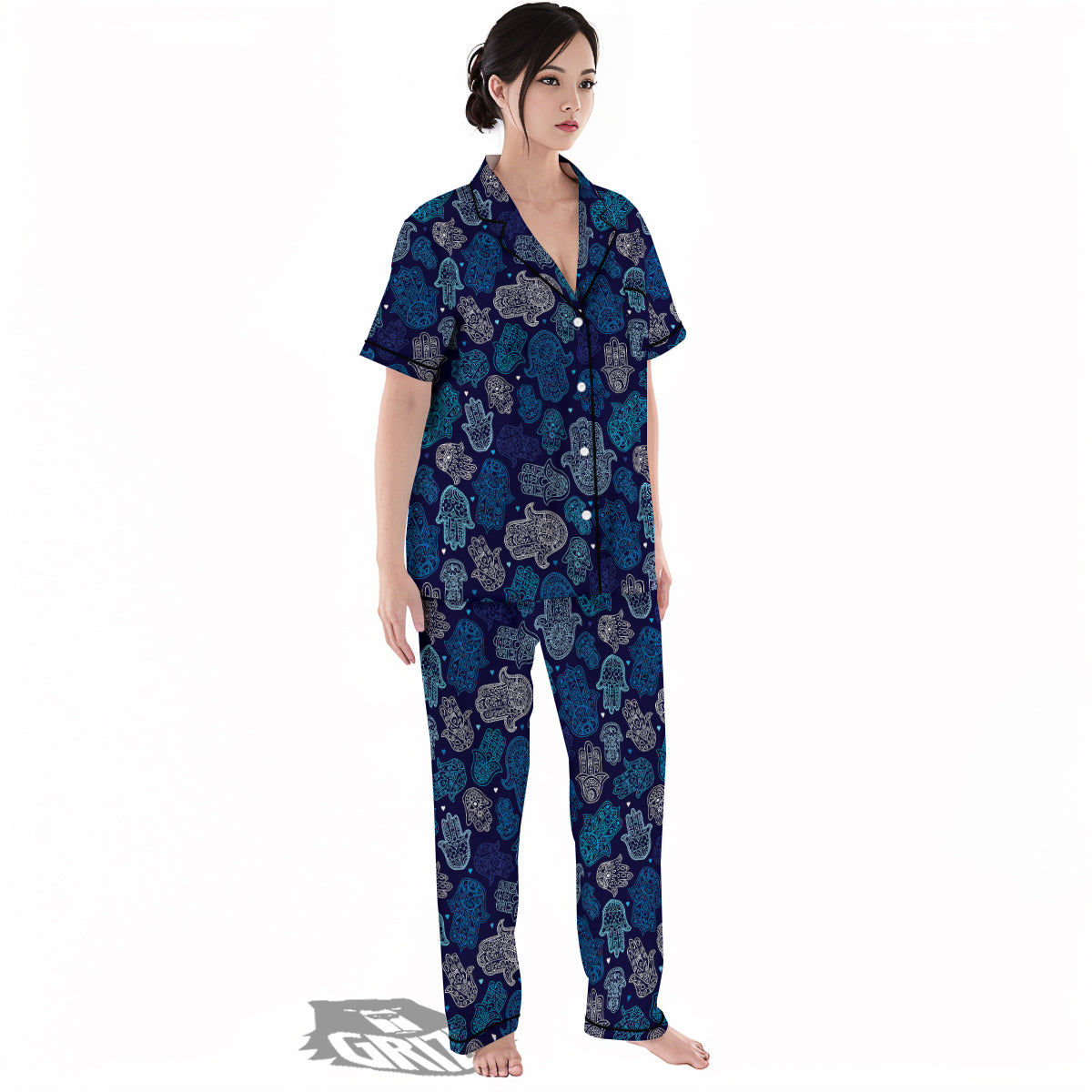 Hamsa Turquoise Print Pattern Women's Pajamas Set-grizzshop