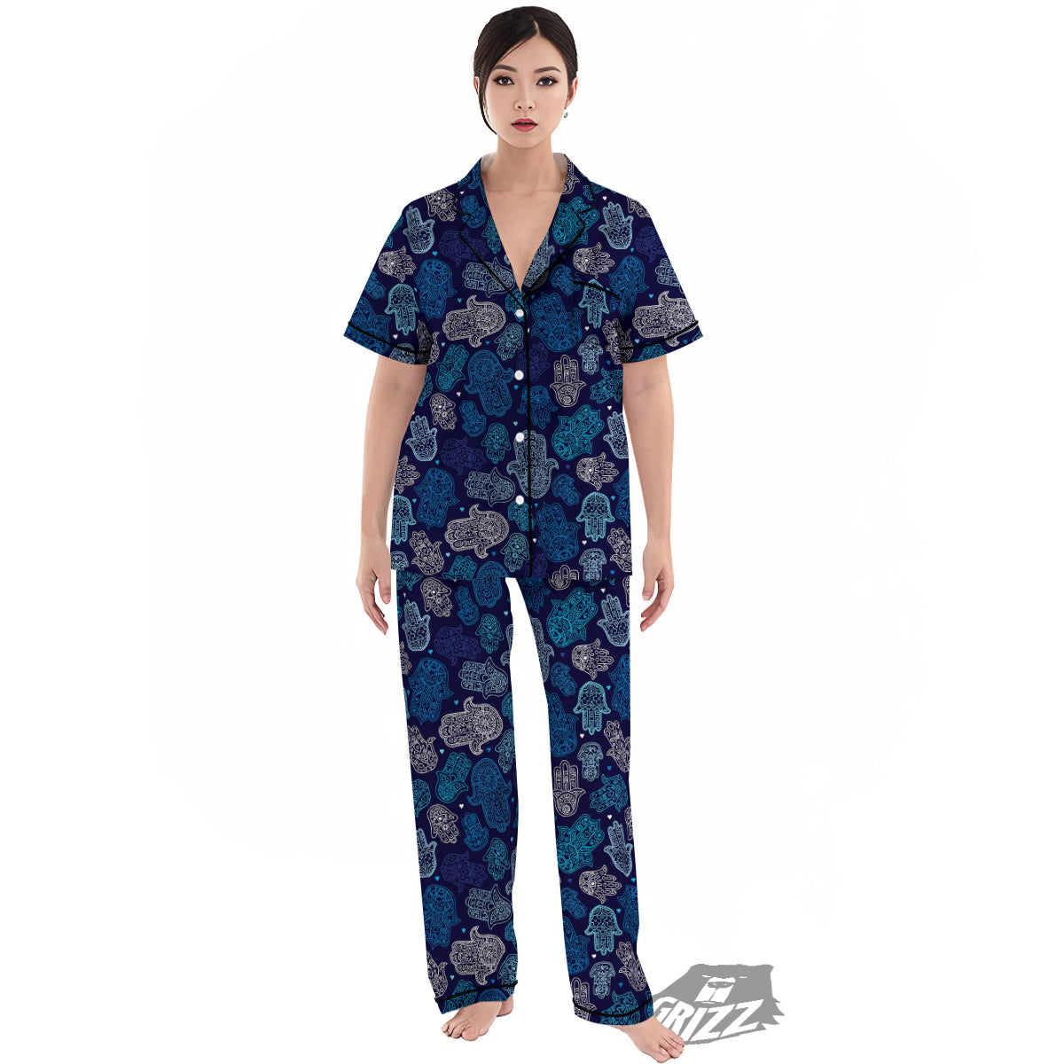 Hamsa Turquoise Print Pattern Women's Pajamas Set-grizzshop