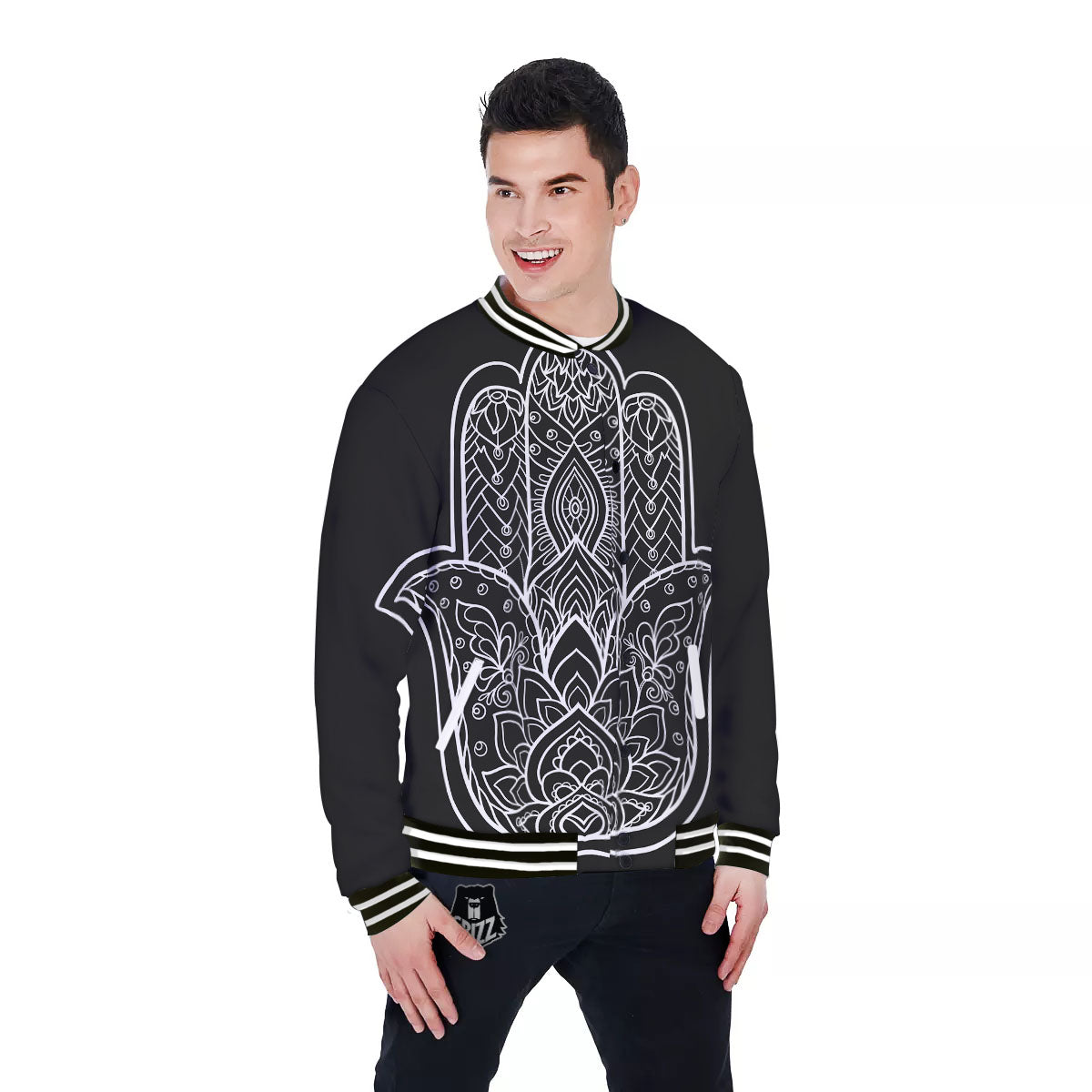 Hamsa White And Black Print Baseball Jacket-grizzshop