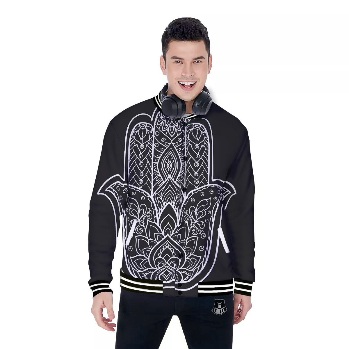 Hamsa White And Black Print Baseball Jacket-grizzshop