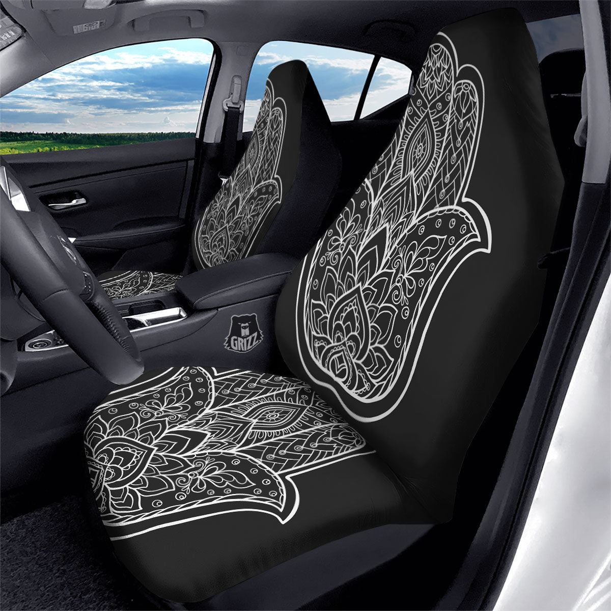 Hamsa White And Black Print Car Seat Covers-grizzshop