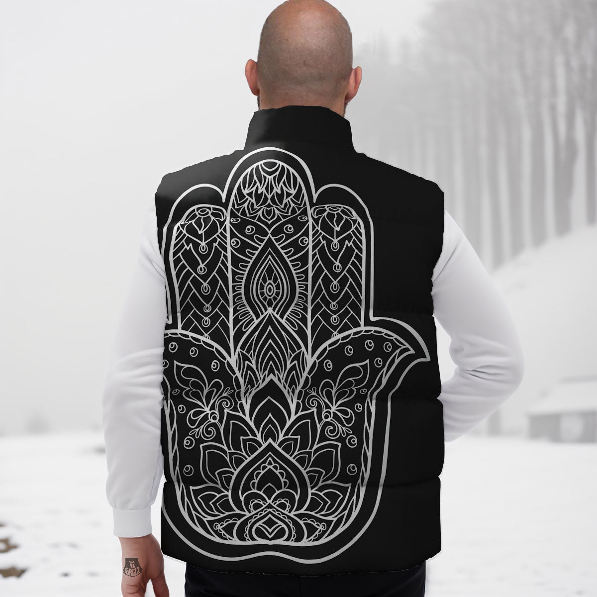 Hamsa White And Black Print Down Vest