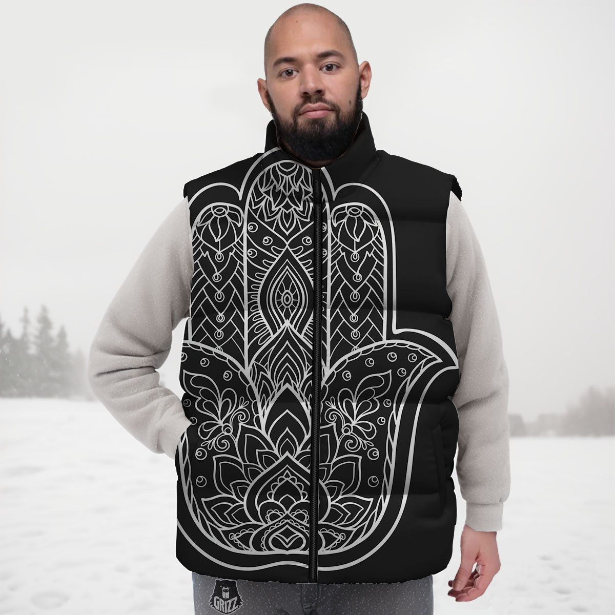 Hamsa White And Black Print Down Vest
