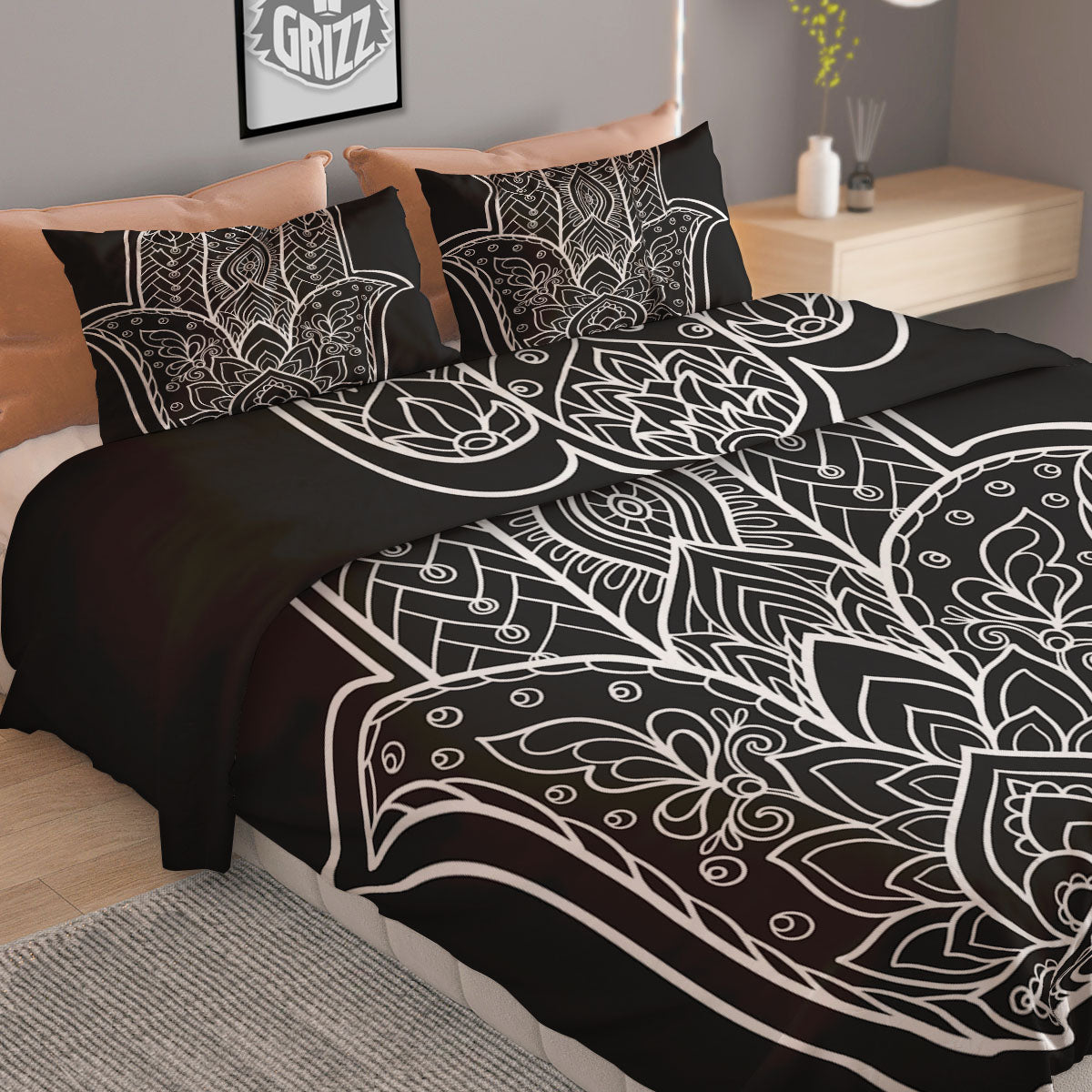 Hamsa White And Black Print Duvet Cover Bedding Set