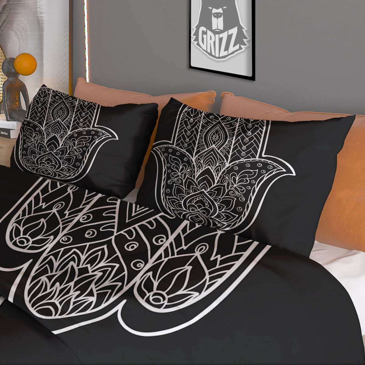 Hamsa White And Black Print Duvet Cover Bedding Set