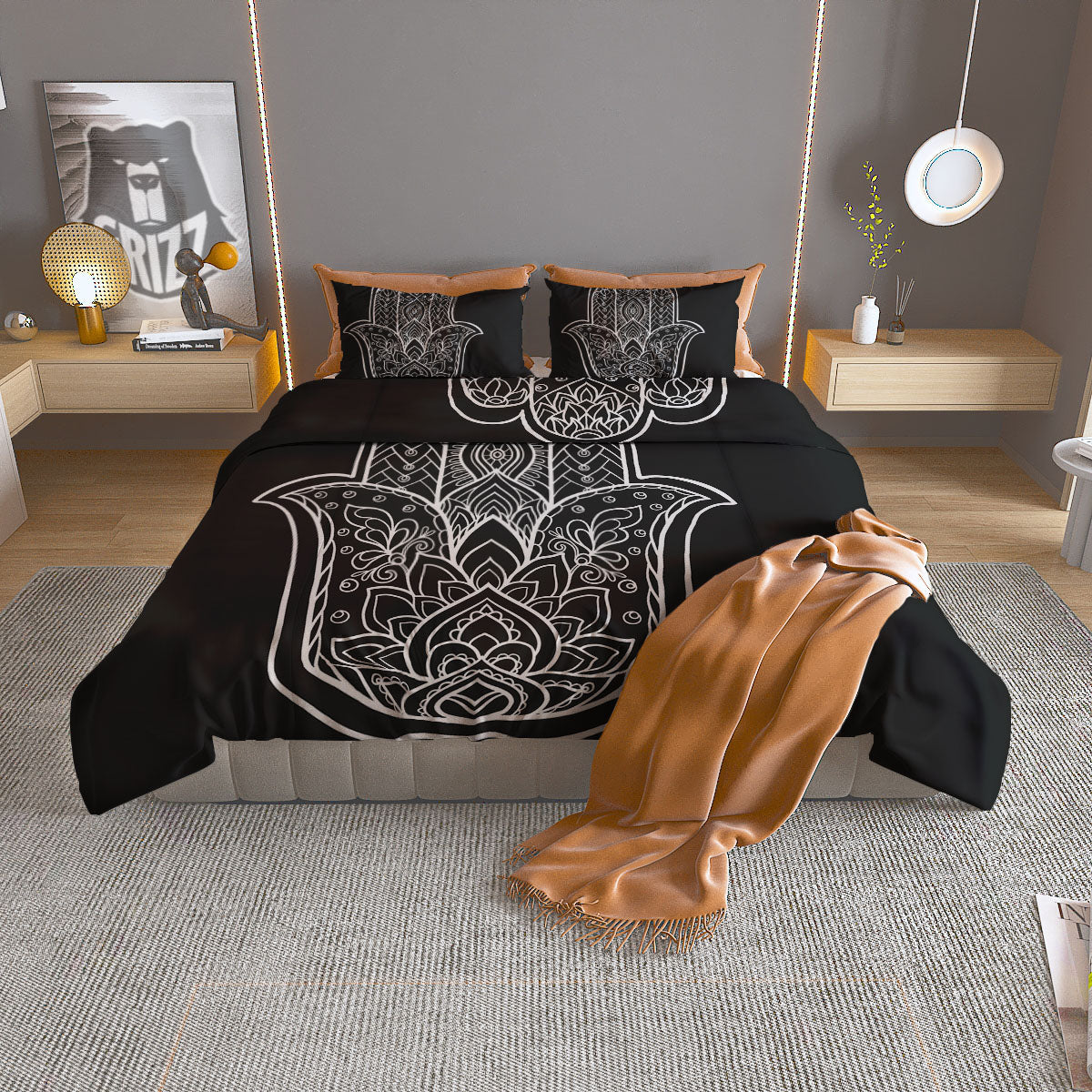 Hamsa White And Black Print Duvet Cover Bedding Set