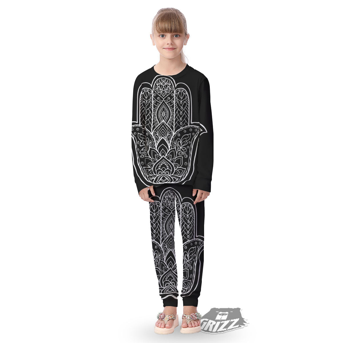 Hamsa White And Black Print Kid's Pajamas-grizzshop