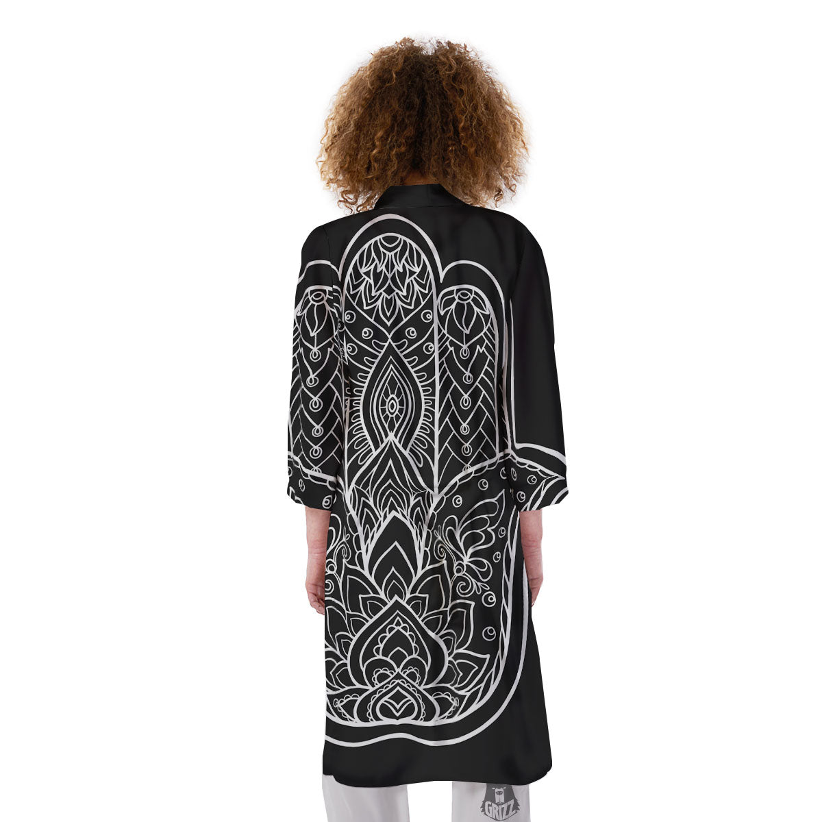 Hamsa White And Black Print Kimono-grizzshop