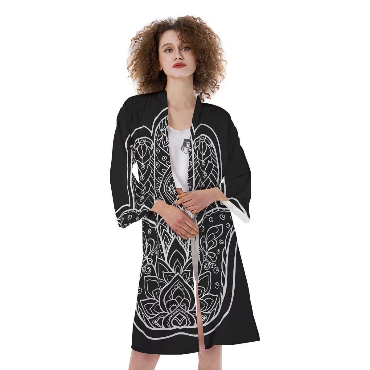 Hamsa White And Black Print Kimono-grizzshop
