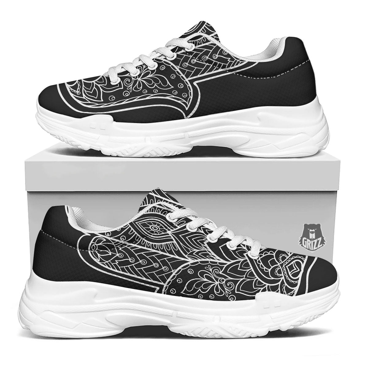 Hamsa White And Black Print White Chunky Shoes-grizzshop