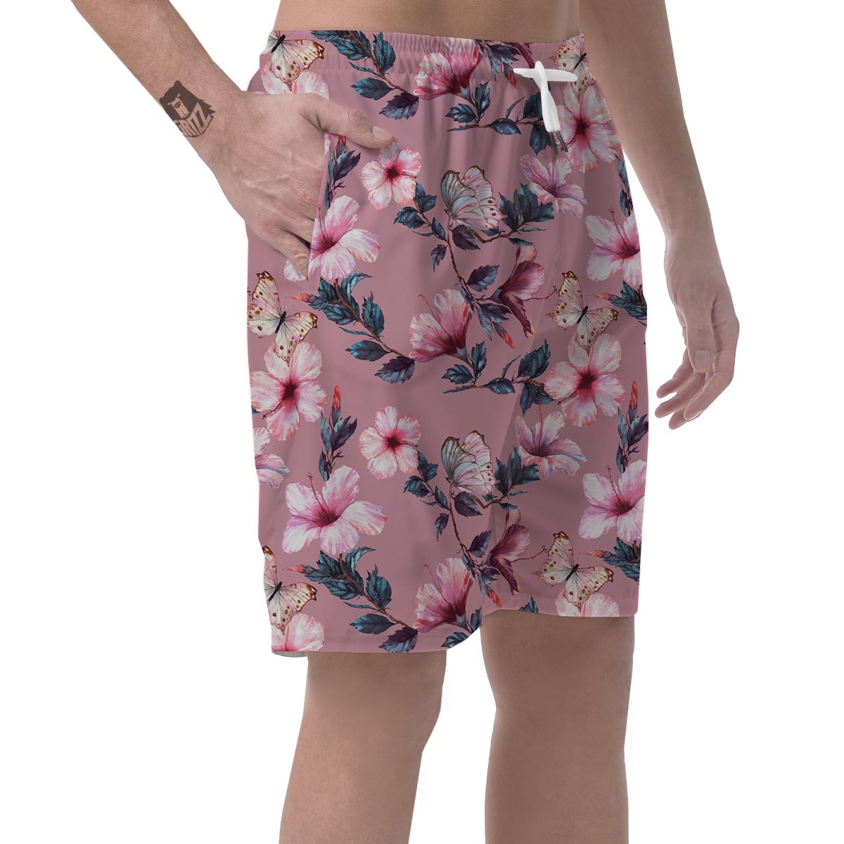 Hand Drawn Hibiscus Print Men's Shorts-grizzshop