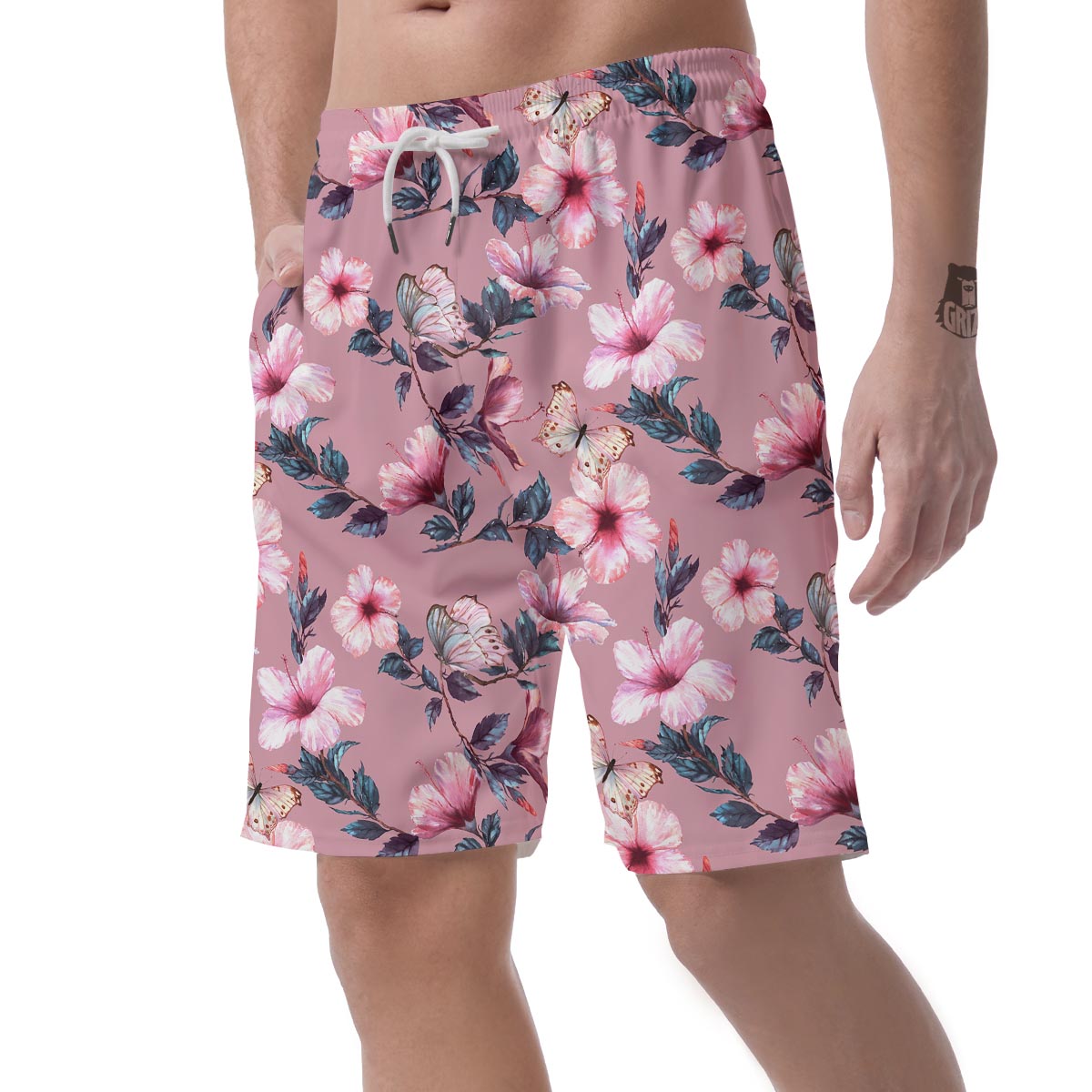 Hand Drawn Hibiscus Print Men's Shorts-grizzshop