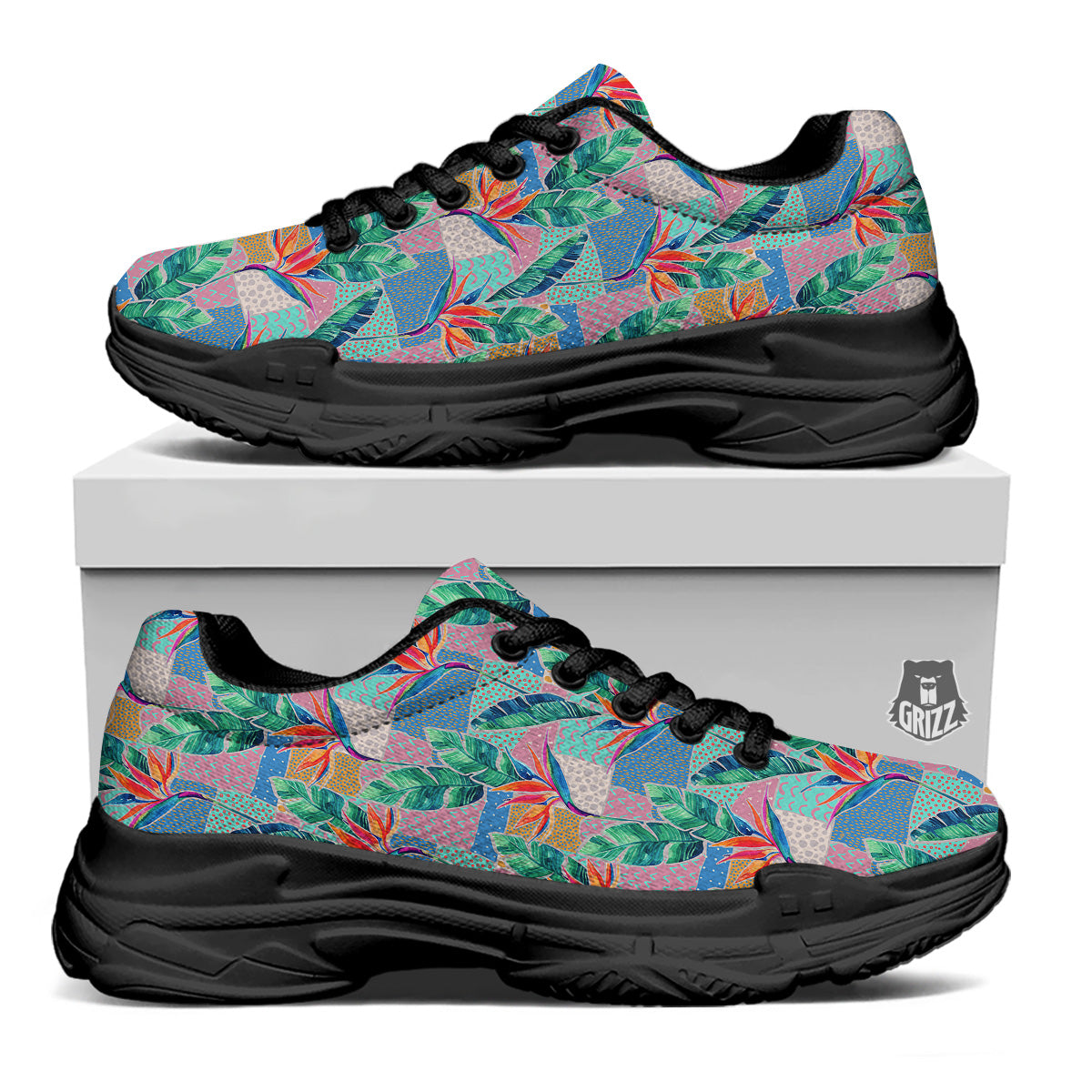 Hand Drawn Watercolor Tropical Print Pattern Black Chunky Shoes-grizzshop