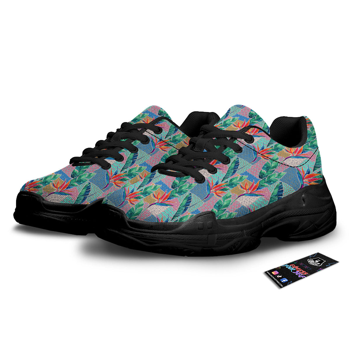 Hand Drawn Watercolor Tropical Print Pattern Black Chunky Shoes-grizzshop