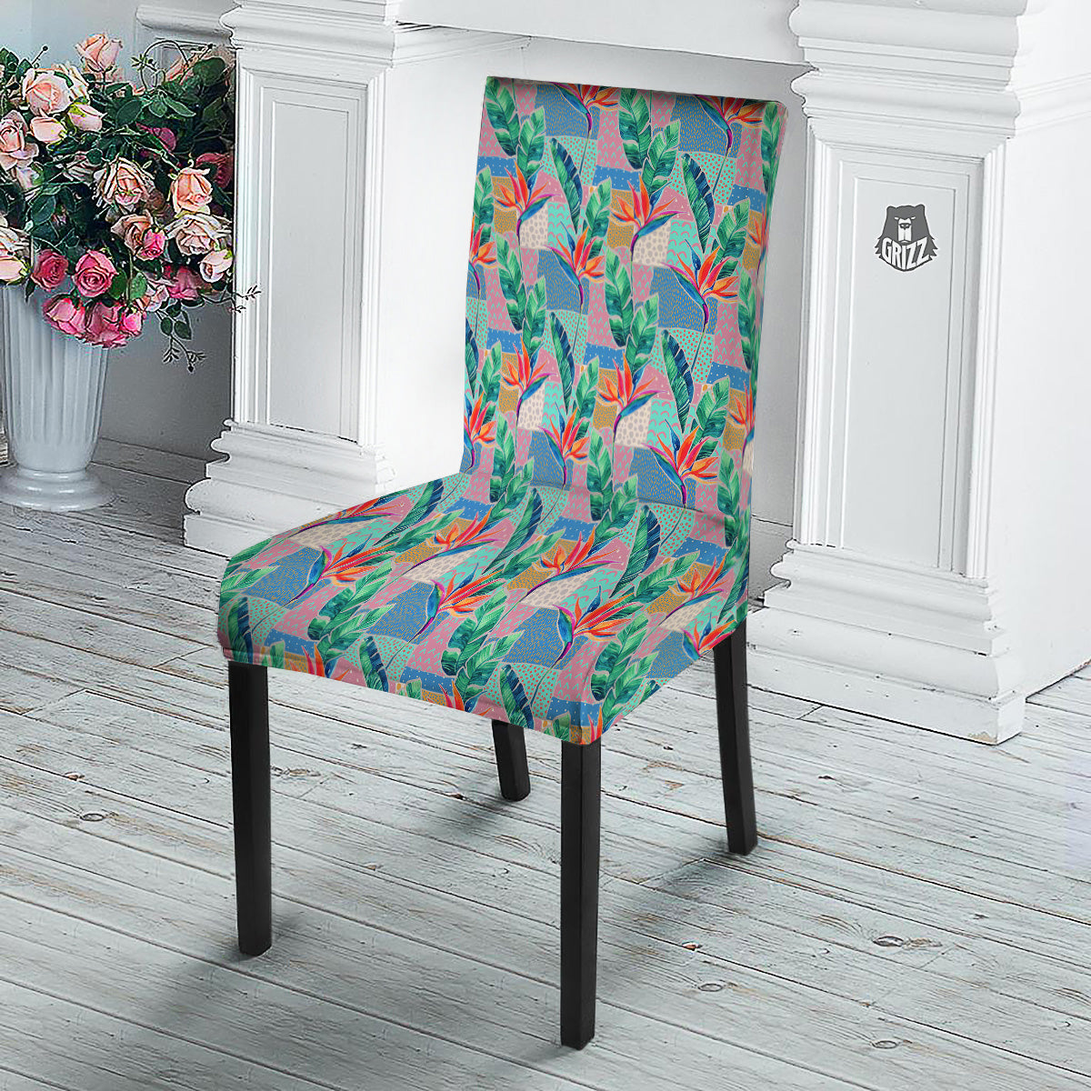 Hand Drawn Watercolor Tropical Print Pattern Dining Chair Slipcover-grizzshop