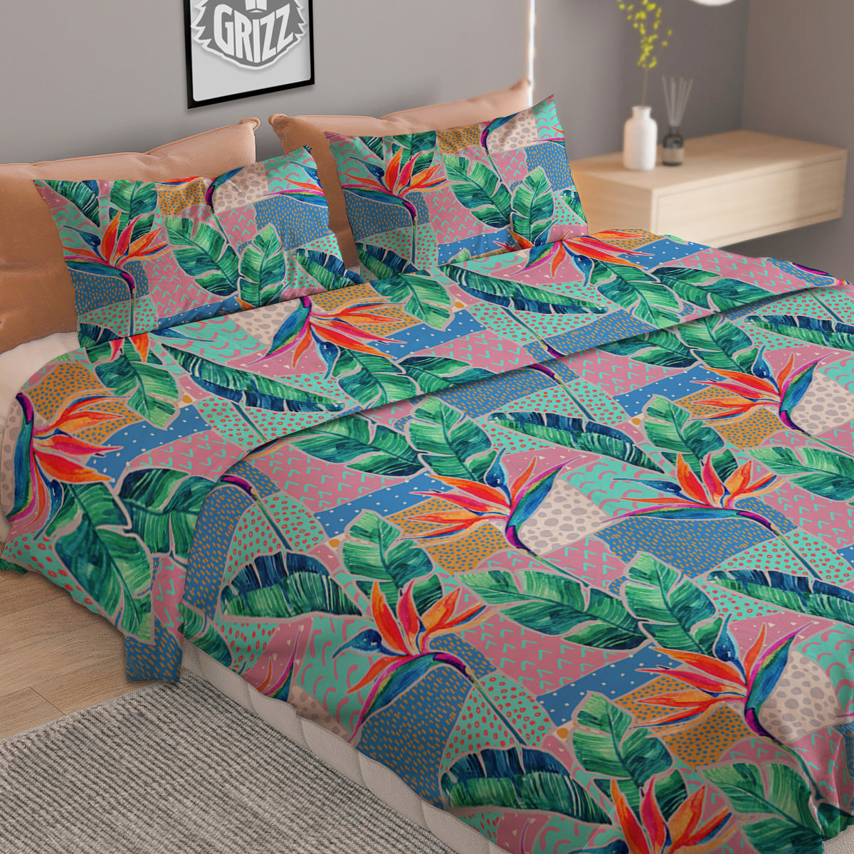 Hand Drawn Watercolor Tropical Print Pattern Duvet Cover Bedding Set-grizzshop